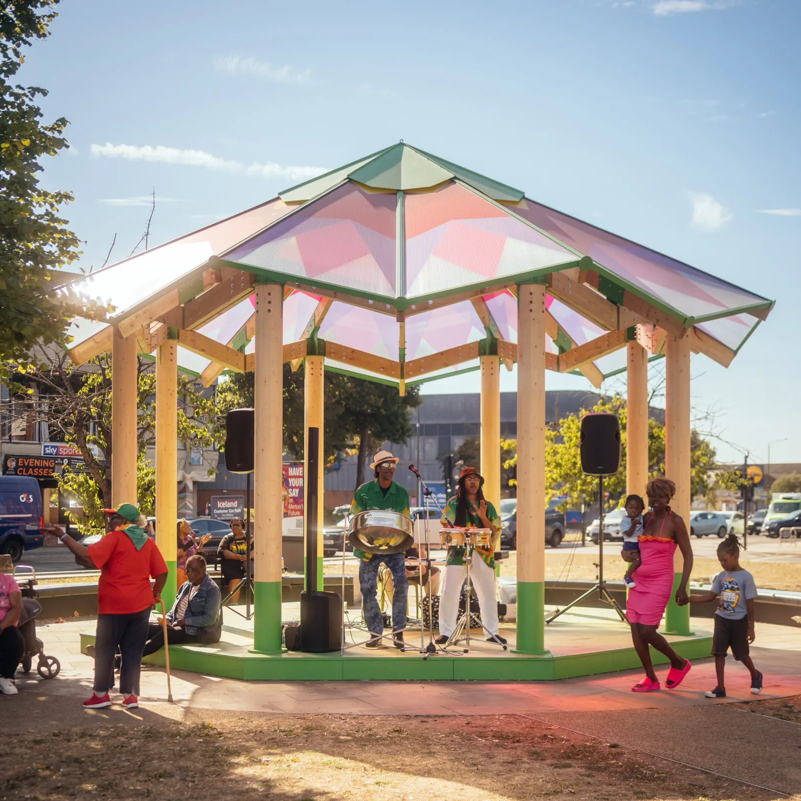 What Goes Around Mitcham Fair Green Bandstand, London Borough of Merton for London Borough of Merton with Charles Holland Architects, RASKL Studio and eHRW